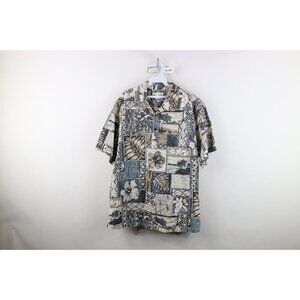 Vtg 90s Streetwear Mens XL Faded Flower Palm Tree Hawaiian Button Down Polo USA